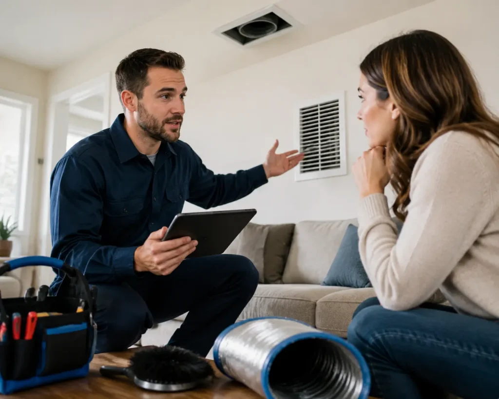 Technician explaining how much does air vent cleaning cost to a Needham MA homeowner